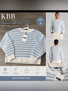 KBB by Kahlana Striped Waffle Knit Sweater Women’s Medium NWT